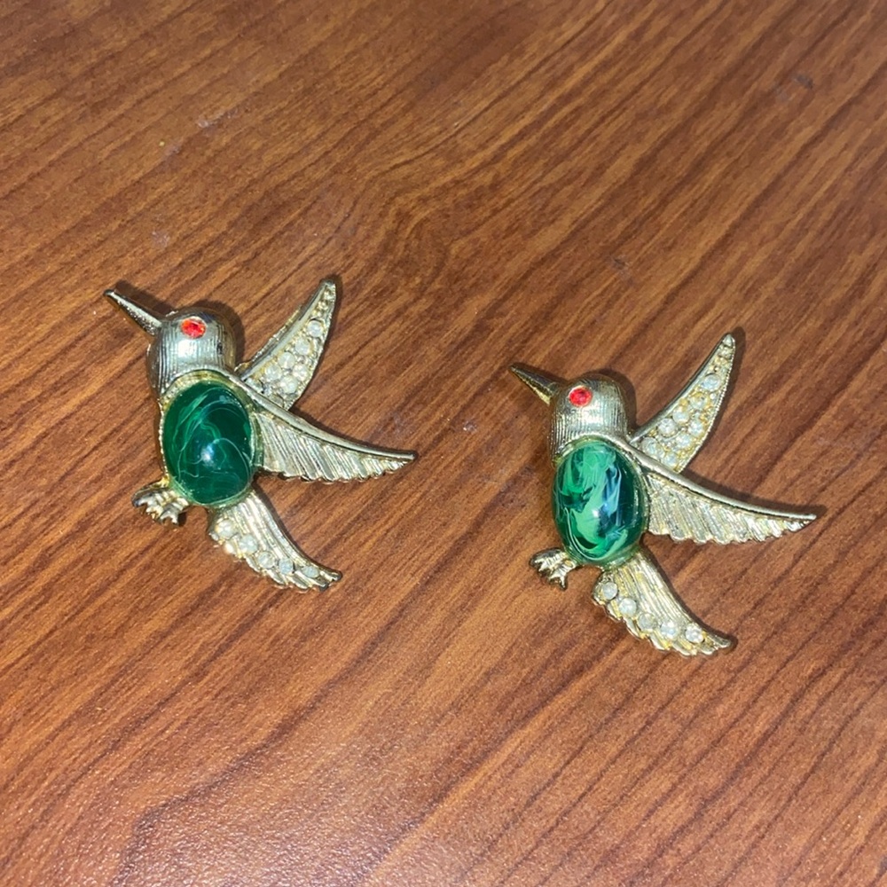Gold-Tone Green Bird Brooch Pair with Red Eye Accents